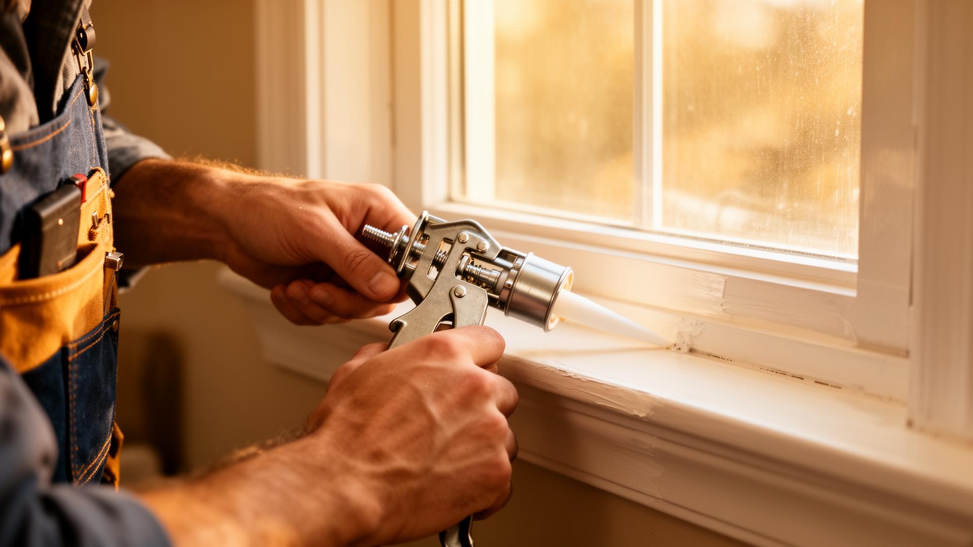 Handyman applying clean caulking to a window sill
