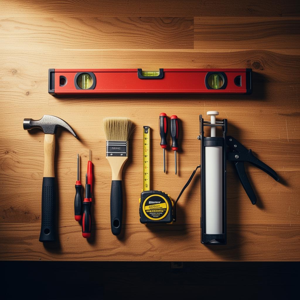 Handyman tool kit on oak workbench